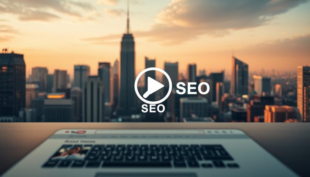 High-quality 8K image of YouTube SEO techniques, with a professional website interface in the foreground featuring search optimization elements like keywords, analytics, and social media integration. In the middle ground, a magnifying glass icon symbolizes the search engine optimization process, while the background depicts a city skyline with skyscraper buildings, representing the vast and competitive online landscape. The scene is illuminated by warm, directional lighting, creating a sense of depth and focus on the main subject matter. The overall mood is one of strategic digital marketing, with a subtle hint of technological prowess.