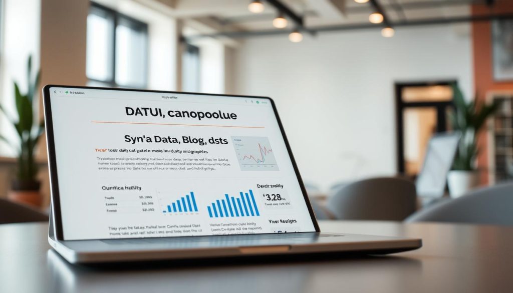 High-quality data-driven blog posts with minimalist design, clean layout, and a focus on data visualization elements like charts, graphs, and infographics. The blog posts are displayed on a sleek, modern laptop or tablet device in a well-lit, airy office setting. The overall atmosphere is one of productivity, creativity, and data-driven insights, with a hint of professional elegance. Soft, directional lighting casts subtle shadows, and the camera angle is slightly elevated to showcase the clean, uncluttered blog post layouts. The color palette is a harmonious blend of cool, neutral tones with accents of vibrant, data-driven hues.