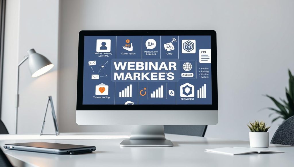 High-quality, detailed image of a computer screen displaying various webinar marketing strategies and tactics, with a clean, professional, and visually appealing layout. A modern, minimalist office setting with a neutral color palette serves as the backdrop, creating a harmonious and well-balanced composition. The image features icons, graphs, and other visual elements that illustrate different aspects of webinar marketing, such as audience engagement, lead generation, and content promotion. The lighting is soft and diffused, creating a sense of depth and dimensionality, while the camera angle provides a slightly elevated perspective, giving the viewer a comprehensive overview of the webinar marketing strategies displayed on the screen. The overall mood is one of productivity, efficiency, and a focus on effective digital marketing practices.