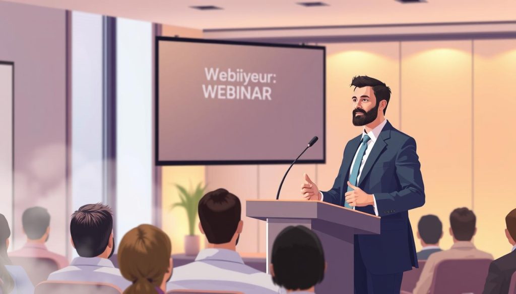 High-quality digital illustration of a confident business leader standing at a virtual podium, delivering an engaging webinar presentation to an audience of interested professionals. The scene features a clean, modern interior with minimalist design elements, warm lighting, and a subtle mist effect adding depth and atmosphere. The speaker's body language and facial expression convey authority, expertise, and a desire to share valuable insights. The overall composition emphasizes the benefits of webinars for building thought leadership, such as increased visibility, credibility, and trust within the industry.