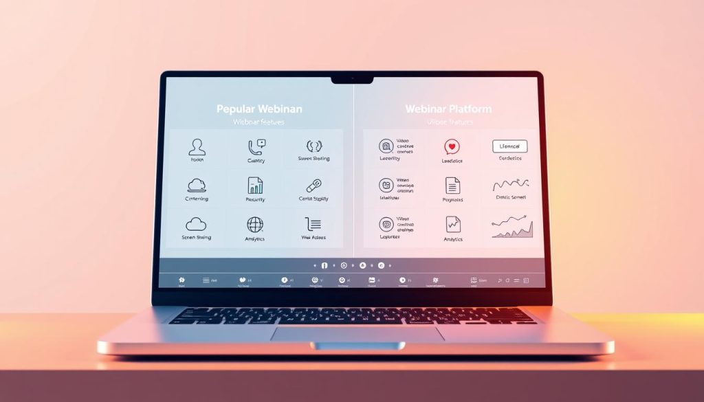 High-quality digital illustration of a side-by-side comparison of popular webinar platform features, displayed on a sleek and modern laptop screen. The image showcases a clean, minimalist layout with crisp icons and clear data visualization elements to highlight key capabilities like video conferencing, screen sharing, Q&A, and analytics. The scene is bathed in warm lighting, creating a professional and informative atmosphere. The background is a subtle gradient that subtly draws the eye to the central display. The overall composition is well-balanced, visually striking, and effectively communicates the comparison of webinar platform features.