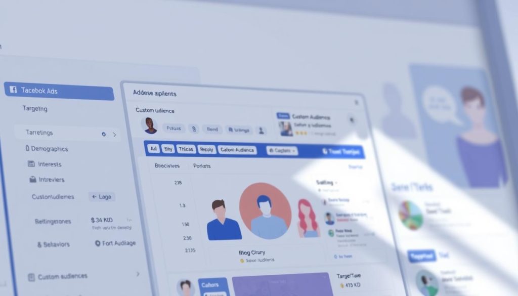 High-resolution, detailed illustration of Facebook's ad targeting tools and options, featuring a clean, minimalist dashboard interface with intuitive controls, data visualizations, and user personas. The foreground showcases the various targeting criteria available such as demographics, interests, behaviors, and custom audiences. The middle ground displays a visual representation of the target audience and its segmentation. The background subtly depicts the Facebook platform's branding and interface elements. The overall scene conveys a sense of professionalism, efficiency, and the powerful capabilities of Facebook's advanced ad targeting system. Lighting is natural and diffused, with a soft, inviting tone. The camera angle is slightly elevated to provide an optimal view of the key features.