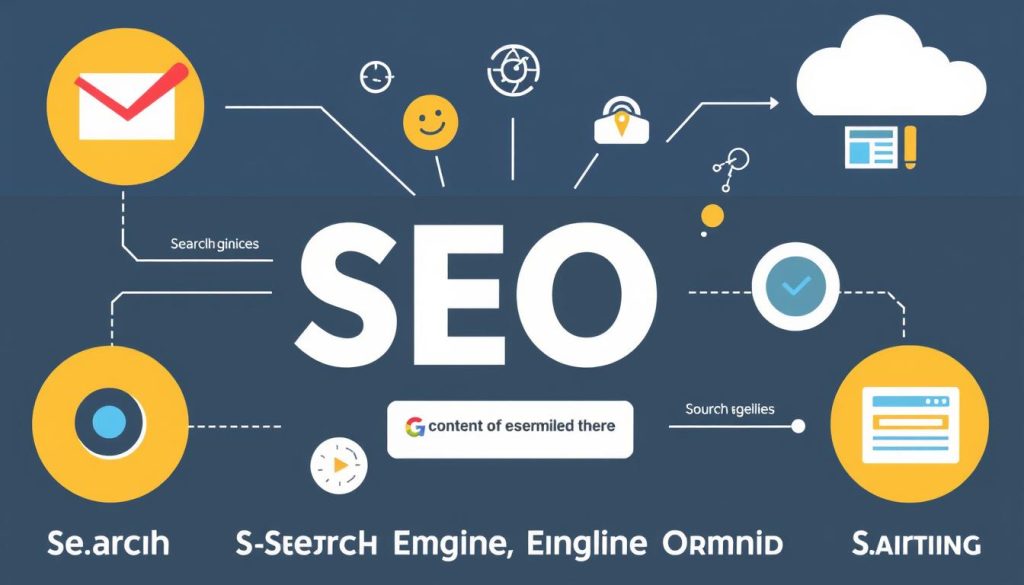 Image generation prompt: A graphic illustrating the concept of SEO, including elements like search engines, keywords, and content optimization.