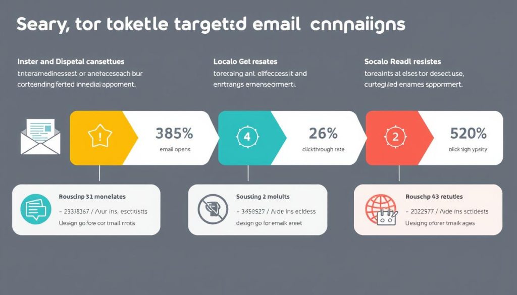 Image generation prompt: An illustration depicting the process of creating and sending targeted email campaigns, including elements like email opens, clicks, and conversions.