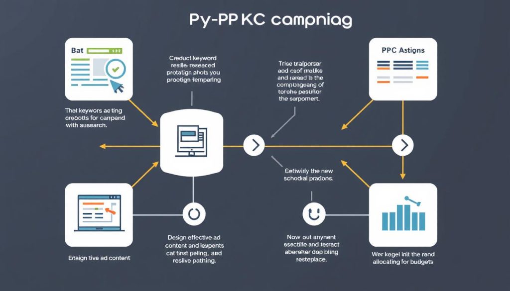 Image generation prompt: An infographic showing the process of creating and managing PPC campaigns, including keyword research, ad creation, and budget allocation.