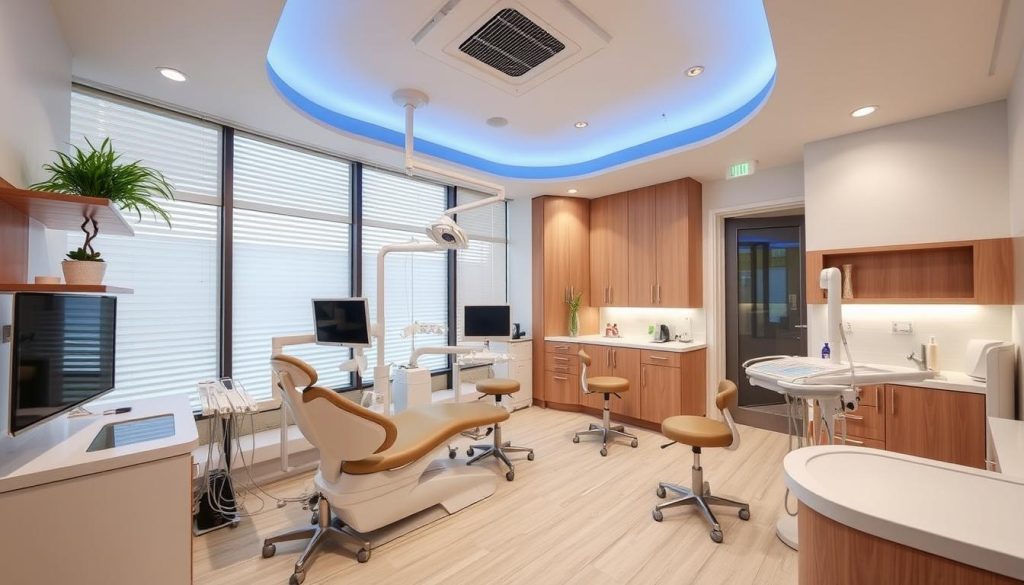 Image of a dental clinic with a modern design, featuring a welcoming atmosphere and advanced dental equipment.