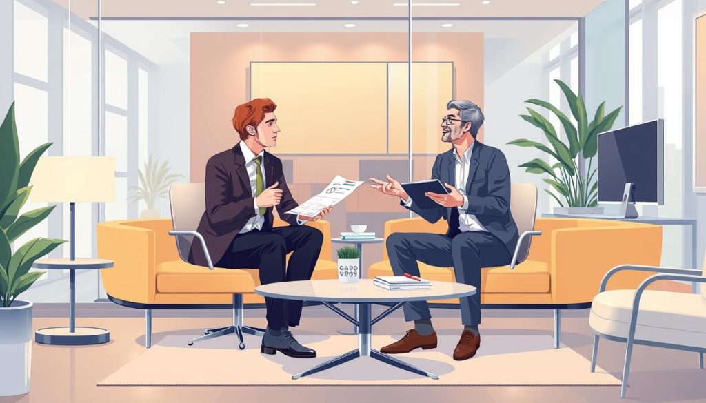 Image of a financial advisor discussing investment strategies with a client in a modern office setting.