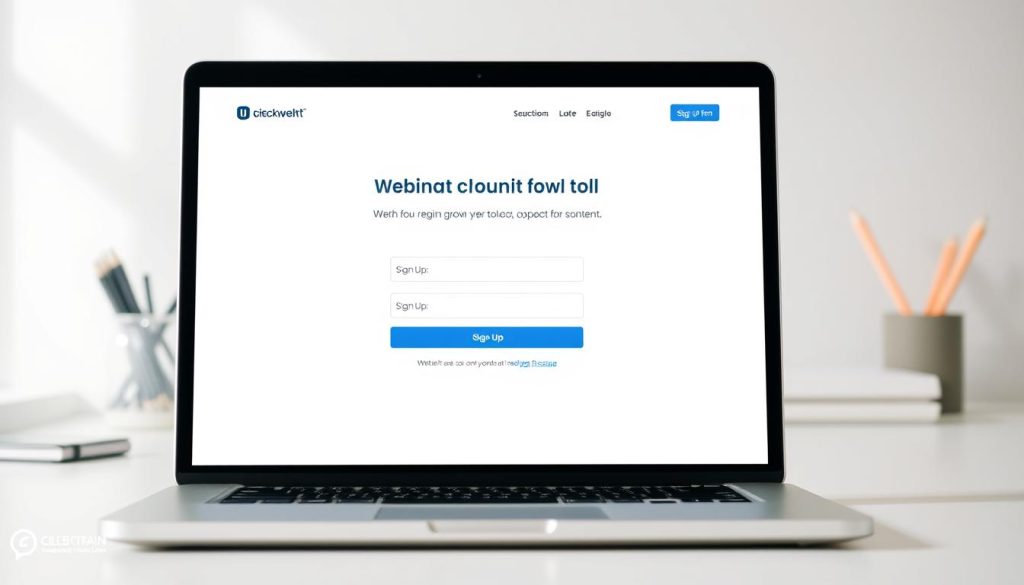 a clean, minimalist and user-friendly webinar registration process interface on a laptop screen, with an attractive sign-up form prominently featured. The laptop is positioned on a clean, white desk with a few office supplies in the background. The scene is well-lit with soft, natural lighting, creating a calm and professional atmosphere. The interface has a sleek, modern design with intuitive navigation and clear call-to-action buttons. The overall impression is one of efficiency, simplicity and ease of use, reflecting the theme of "Unlock Growth with Our Content Webinar."