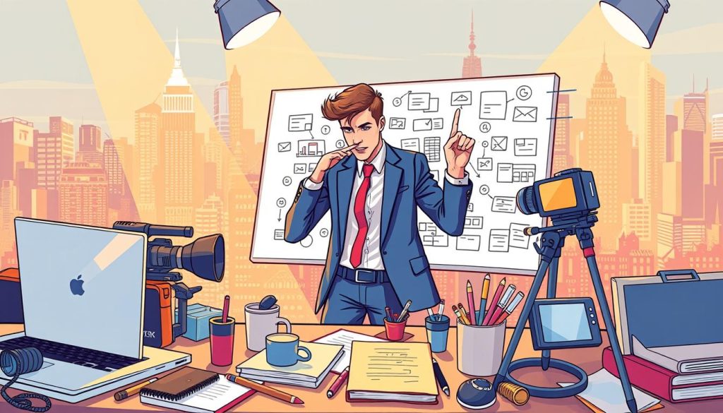 a detailed and dynamic illustration of "content strategy" for a YouTube marketing article, showcasing an energetic, vibrant, and visually engaging scene. The foreground depicts an array of content creation tools and media elements, including a sleek laptop, a professional-grade camera, a microphone, and assorted stationery. The middle ground features a content strategist, dressed in a sharp, modern outfit, intently analyzing data and brainstorming ideas on a digital whiteboard. The background showcases a bustling city skyline, emphasizing the fast-paced, tech-savvy nature of the content strategy process. The lighting is warm and directional, casting dramatic shadows and highlighting the key elements. The overall composition conveys a sense of creativity, productivity, and strategic thinking, perfectly aligning with the "Promoting Videos Effectively" section of the YouTube marketing article.