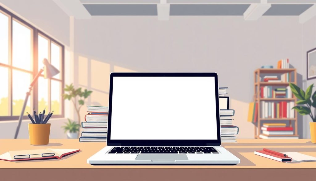 a detailed and meticulously crafted illustration of SEO content creation, showcasing a well-organized workspace with a modern, minimalist aesthetic. The foreground features an open laptop displaying a clean, distraction-free user interface, symbolizing the focused process of content optimization. In the middle ground, a neatly arranged stack of research materials, including books, papers, and digital devices, conveys the thoughtful, data-driven approach to content strategy. The background depicts a bright, airy room with large windows, bathed in warm, natural lighting, creating a productive and inspiring atmosphere. The overall scene communicates the intersection of creativity and technical expertise required for crafting content that ranks highly and resonates with the target audience.
