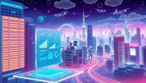 a detailed digital illustration of an artificial intelligence-powered content marketing strategy, showcasing a futuristic cityscape with skyscrapers, data centers, and smart devices. In the foreground, a glowing holographic interface displays various metrics and analytics, while in the middle ground, robotic content creators and curators work tirelessly to generate and optimize engaging content. The background features a vibrant, neon-lit cityscape, with autonomous vehicles and drones weaving through the urban landscape. The overall atmosphere is one of technological sophistication, data-driven decision-making, and seamless content production, reflecting the power of AI-driven content marketing strategies.