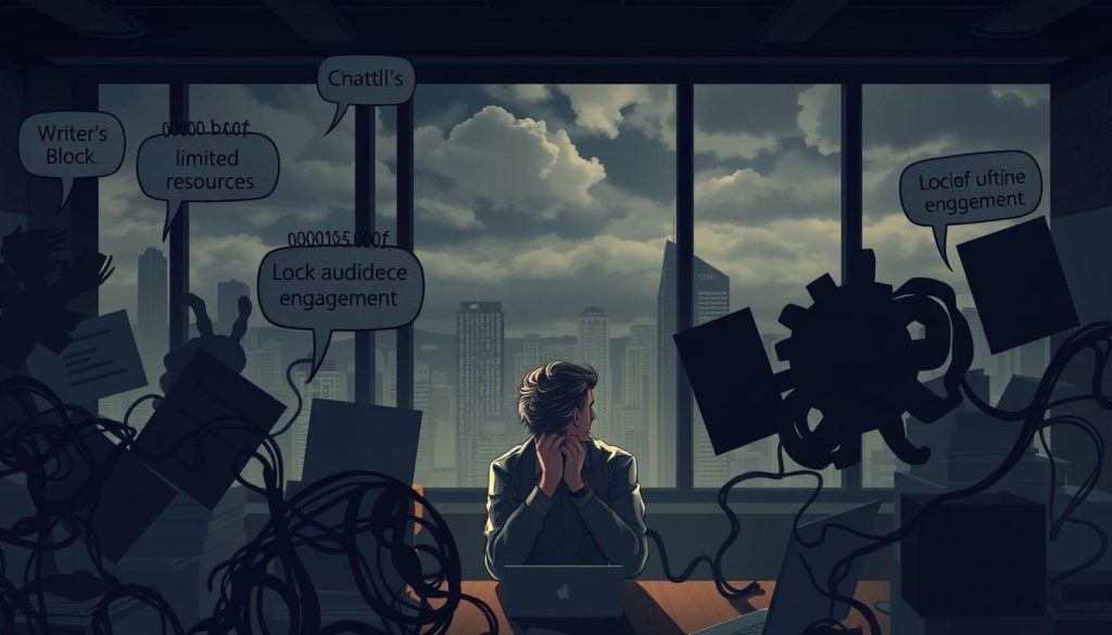 a detailed digital illustration of various content marketing challenges, with a thoughtful, introspective mood. In the foreground, obstacles such as writer's block, limited resources, and lack of audience engagement are depicted as tangled, shadowy forms. In the middle ground, a content marketer navigates through these challenges, their face obscured in contemplation. The background features a dimly lit office space, with a large window overlooking a cloudy, urban landscape, symbolizing the broader business environment. The lighting is dramatic, with a soft, moody glow. The overall scene conveys the complexity and struggles inherent in effective content marketing.