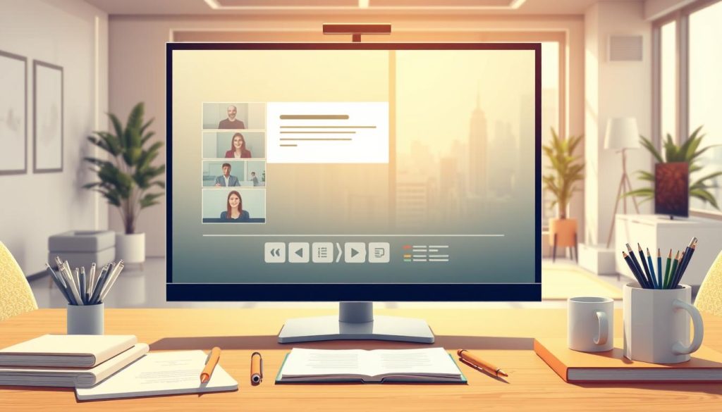 a detailed, high-quality digital illustration of a webinar strategy concept. the foreground features a large monitor or laptop screen displaying a webinar presentation interface with key elements like video feeds, slide deck, and interactive tools. the middle ground has various office accessories and stationery items like notepads, pens, and a coffee mug, suggesting an organized and productive workspace. the background has a minimalist office setting with neutral-toned walls, a window overlooking a city skyline, and modern furniture pieces. the overall lighting is warm and natural, creating a calm and professional atmosphere. the composition is balanced and visually appealing, highlighting the webinar strategy concept in a clear and engaging manner.