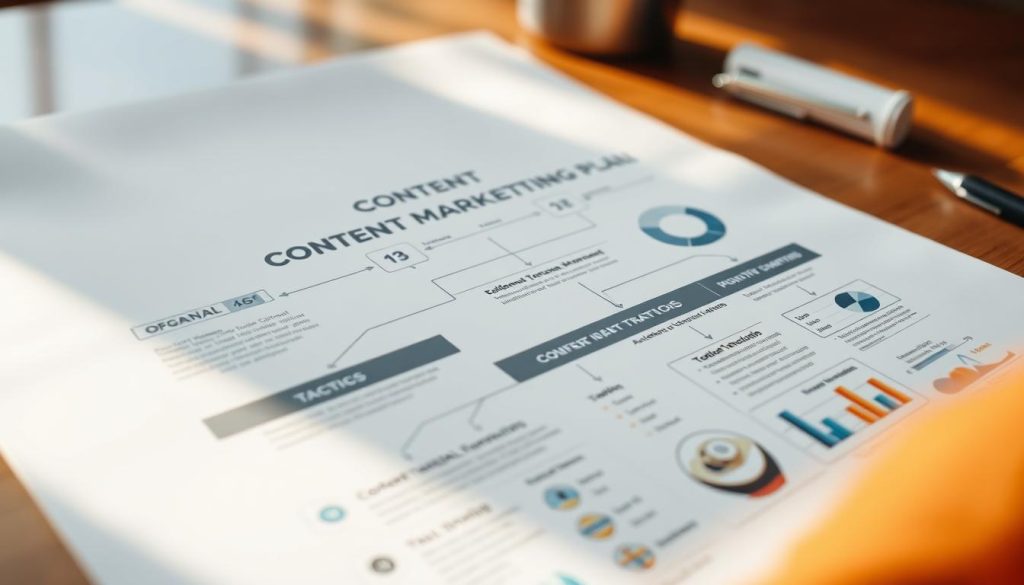 a detailed, high-quality image of a content marketing plan, with a clear organizational structure, vivid visual elements, and a professional, effective aesthetic. The scene should depict a well-designed blueprint or strategy document, with various components such as goals, tactics, and metrics neatly arranged and illustrated. The lighting should be soft and natural, creating a calm and focused atmosphere. The composition should be balanced and visually appealing, drawing the viewer's attention to the key elements of the content marketing plan. The overall mood should convey a sense of organization, strategy, and professionalism, reflecting the subject matter of the article.