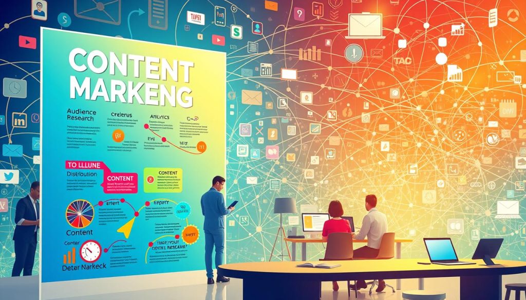 a detailed, high-resolution digital illustration depicting a robust content marketing strategy in today's dynamic digital landscape. the foreground showcases a vibrant, colorful infographic displaying key elements of an effective content marketing plan, including audience research, content creation, distribution, and analytics. the middle ground features a team of creative professionals collaborating on content ideation and production, surrounded by a variety of digital devices and platforms. the background reveals a vast, interconnected network of digital channels, social media platforms, and online communities, representing the vast reach and impact of content marketing in the modern business environment. the scene is bathed in a warm, natural lighting, conveying a sense of productivity, innovation, and strategic vision.