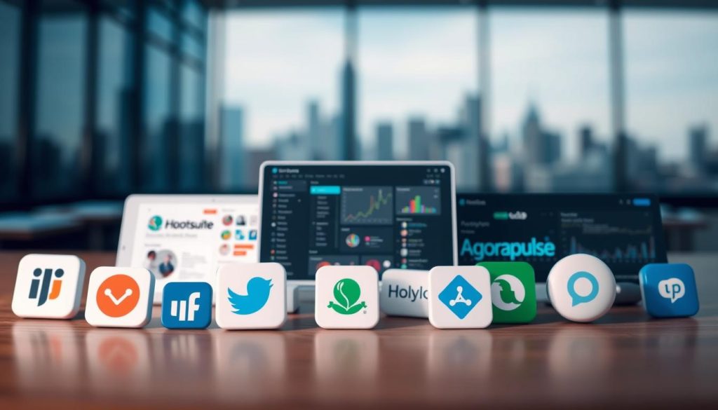 a detailed, high-resolution image of various social media integration tools and platforms. in the foreground, icons and logos for popular tools like Hootsuite, Buffer, Sprout Social, and Agorapulse are prominently displayed, arranged in a visually appealing layout. in the middle ground, there are screenshots of dashboards and analytics from these tools, showcasing their key features. in the background, a blurred city skyline or office environment provides a contextual setting, suggesting the business and marketing applications of these social media integration solutions. the image has a modern, sleek aesthetic with a cool color palette, soft lighting, and a depth of field that draws the viewer's attention to the main subject matter.