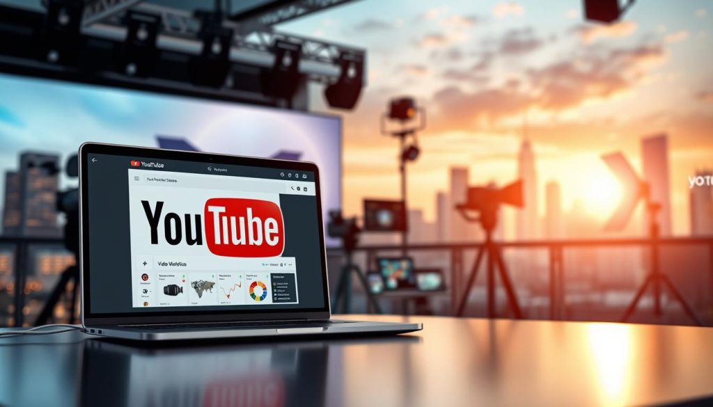 a detailed, hyper-realistic render of a well-lit, high-resolution YouTube advertisement display, showcasing various digital marketing techniques. The foreground features a large YouTube logo and a sleek, modern laptop displaying a video analytics dashboard. The middle ground depicts a professional-looking video shooting setup with a camera, lighting equipment, and a product display. The background blurs into a vibrant city skyline with skyscrapers, highlighting the global reach and scale of YouTube marketing. The composition conveys a sense of professionalism, innovation, and the powerful impact of leveraging YouTube ads for business growth.