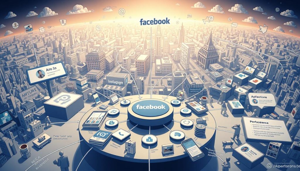 a detailed illustration of the facebook advertising ecosystem, depicting key components and their interrelationships in a visually engaging way. in the foreground, a central hub representing facebook's ad platform, surrounded by various ad formats and targeting tools. in the middle ground, data streams representing audience insights, performance analytics, and ad optimization algorithms. in the background, a sprawling landscape of facebook's ecosystem, including instagram, whatsapp, messenger, and other integrated platforms. the scene is illuminated by a soft, directional light, creating depth and dimensionality. the overall mood is one of complexity, interconnectedness, and the power of facebook's comprehensive advertising solutions.