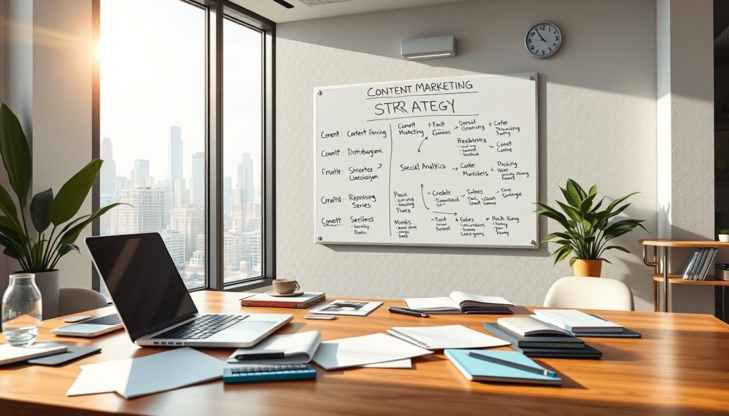 a detailed, photorealistic illustration of a comprehensive content marketing strategy for online business, captured with a wide-angle lens in a serene, sun-dappled office setting. The foreground depicts a meticulously organized workspace with a laptop, notes, and various digital marketing tools. The middle ground features a wall-mounted whiteboard outlining the strategic elements of content planning, creation, distribution, and analytics. In the background, a large window offers a view of a bustling city skyline, symbolizing the global reach and impact of the content marketing strategy. The lighting is soft and natural, creating a professional, yet inviting atmosphere. The overall composition conveys a sense of focus, clarity, and the successful execution of a well-thought-out content marketing plan.