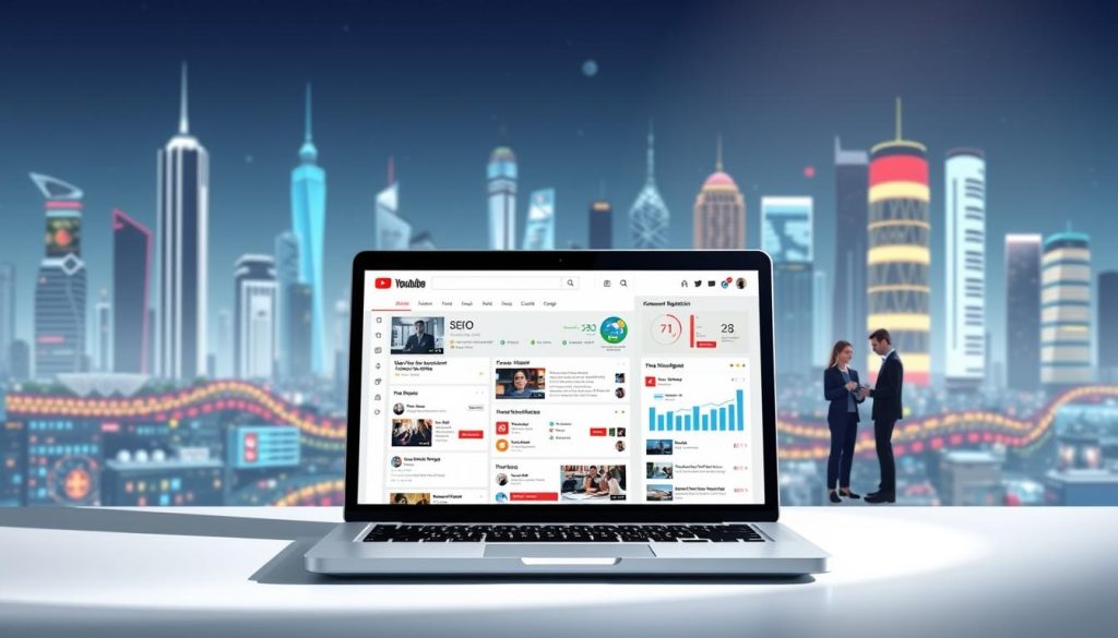 a digital illustration of YouTube SEO tools, featuring a sleek and modern user interface displayed on a laptop screen. The foreground showcases various SEO-focused features such as keyword research, video optimization, and analytics dashboards. The middle ground depicts a team of digital marketers collaborating and analyzing the data from the tools. The background shows a vibrant, futuristic cityscape with skyscrapers and digital infrastructure, representing the online landscape in which these tools operate. The lighting is soft and directional, creating depth and highlighting the key elements. The overall mood is one of efficiency, productivity, and data-driven decision making for effective YouTube marketing.