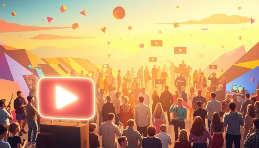 a dynamic and vibrant YouTube channel growing rapidly, with a thriving community of engaged viewers. In the foreground, a large, glowing play button icon symbolizes the channel's success and popularity. In the middle ground, a diverse group of people - vloggers, gamers, creators, and fans - are gathered together, interacting and collaborating, representing the channel's diverse content and passionate audience. In the background, a colorful, abstract landscape of geometric shapes and digital elements suggests the expansive, ever-evolving nature of the YouTube platform and the endless possibilities for growth and innovation. The overall scene is illuminated by a warm, inviting lighting that conveys a sense of energy, excitement, and a strong, supportive community.