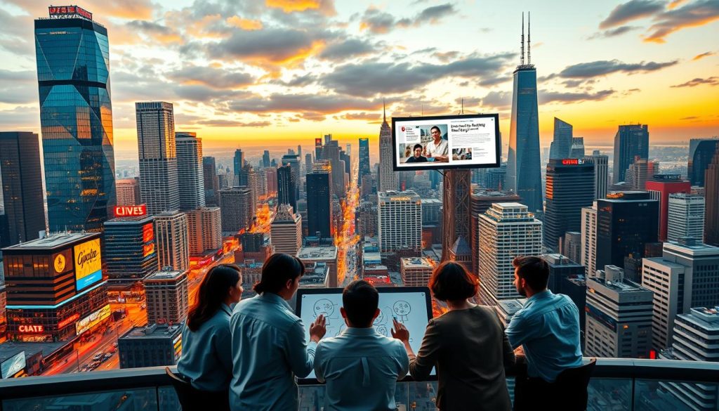 a dynamic, vibrant city skyline with towering skyscrapers, bustling streets, and a diverse range of businesses, capturing the essence of content marketing and its impact on business growth. In the foreground, a group of professionals collaborating on a content strategy, surrounded by digital devices, whiteboards, and other visual aids. The middle ground features a giant digital billboard displaying engaging content, while the background showcases a thriving, interconnected business ecosystem. The scene is illuminated by warm, golden lighting, creating a sense of energy, innovation, and forward-thinking. The overall atmosphere conveys the power of content marketing to drive business success, growth, and impact.