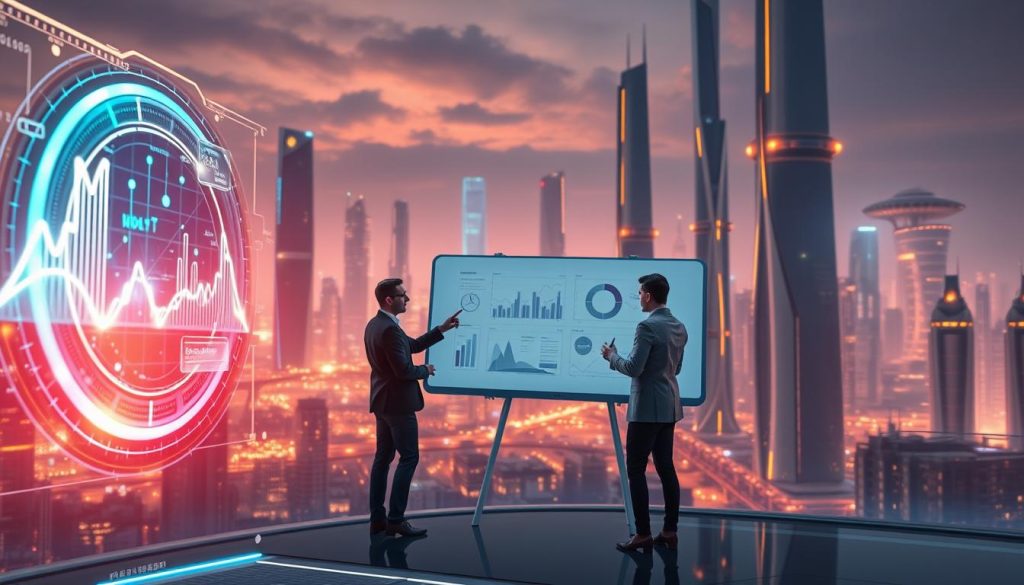 a futuristic digital landscape with a glowing, holographic data visualization hovering in the foreground, representing the latest advancements in content marketing analytics and insights. The middle ground features a team of professionals, dressed in sleek, modern attire, collaborating on a virtual whiteboard, planning innovative content strategies. In the background, a cityscape of towering skyscrapers and floating transport modules, bathed in a warm, neon-tinged glow, symbolizing the fast-paced, ever-evolving nature of the digital marketing industry. The overall atmosphere is one of technological prowess, collaborative ingenuity, and a glimpse into the boundless potential of content marketing in the years to come.