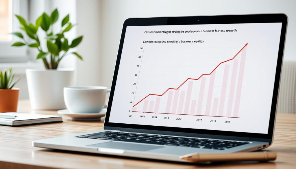 a graph/chart with a rising revenue curve, showing how content marketing strategies drive business growth over time. the chart is displayed on a laptop screen, with a modern, minimalist office setting in the background, including a potted plant, a cup of coffee, and a pen and notebook. the chart is presented in a clean, data-driven style with clear lines and colors, conveying the measurable impact of content marketing. the lighting is natural and soft, creating a professional and aspirational atmosphere. the perspective is slightly angled, giving the viewer a sense of being in the space and engaged with the data.