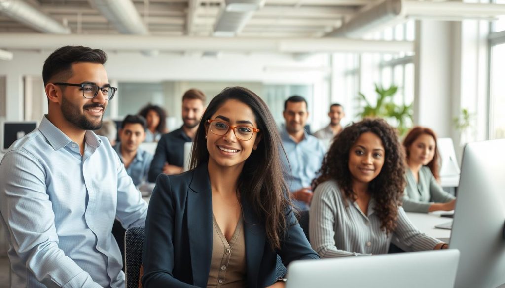 a group of diverse office workers in a modern, well-lit open-plan workspace, sitting at desks or standing, focused on their tasks, with a mix of ages, ethnicities, and genders, the scene captured through a wide-angle lens with a shallow depth of field, creating a sense of depth and focus on the people, the mood is one of productivity and collaboration, with neutral tones and clean lines in the interior design