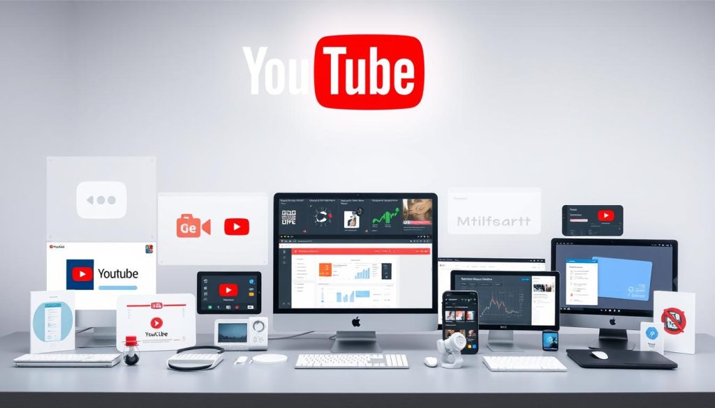 a high-quality, detailed, and visually stunning image of the top YouTube marketing tools, showcasing a variety of popular and essential software and applications used for YouTube channel optimization, video production, analytics, and audience engagement. The image should have a clean, modern, and professional aesthetic, with a well-organized layout that highlights the key tools in an intuitive and visually appealing manner. The tools should be presented against a minimalist background, with a soft, diffused lighting that creates a sense of depth and emphasizes the features and functionalities of each tool. The overall composition should convey a sense of organization, efficiency, and the powerful capabilities of these YouTube marketing tools.