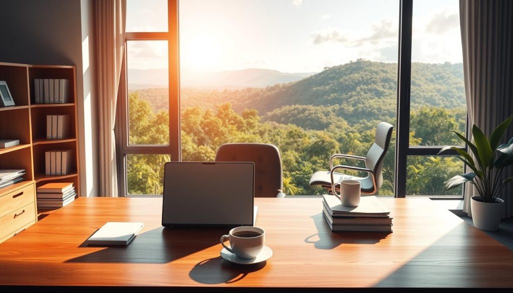 a high-quality digital illustration of "content marketing advantages" depicting a serene, sun-dappled office setting with a large window overlooking a lush, verdant landscape. In the foreground, an elegant wooden desk is adorned with a laptop, a cup of coffee, and a stack of neatly organized documents. The middle ground features a stylish, ergonomic office chair and a potted plant, symbolizing the productivity and vitality of content marketing. The background showcases a panoramic view of the natural world beyond, representing the boundless opportunities and global reach of effective content strategies. The lighting is soft and warm, creating a sense of calm and inspiration. The overall composition conveys the power, versatility, and environmental sustainability of content marketing for business success.