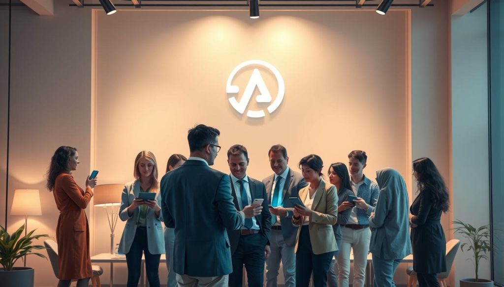 a high-quality, hyper-realistic digital illustration of a person or group of people engaged in activities that represent building brand awareness and trust. The foreground features a group of diverse individuals, ranging from professionals to everyday consumers, gathered in a modern, well-lit office or meeting space. They are actively interacting with each other, exchanging ideas, and engaging with various digital devices and marketing materials. The middle ground showcases a strong, recognizable brand logo, signage, or product placement, seamlessly integrated into the scene. The background depicts a warm, inviting atmosphere with clean, minimalist design elements, subtle lighting, and a sense of professionalism and authority. The overall composition conveys a sense of collaboration, innovation, and the powerful impact of effective brand-building strategies.