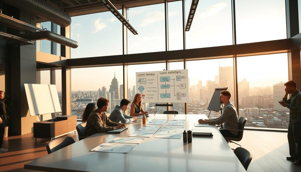 a high-quality, professional, and modern-looking office interior with large windows, sleek furniture, and minimal decor. in the foreground, a group of young professionals collaborating around a large conference table, deep in discussion. in the middle ground, a large whiteboard with brainstorming notes and a content marketing strategy diagram. in the background, a panoramic view of a bustling city skyline, bathed in warm afternoon light. the mood is one of energy, focus, and creativity. the image should convey a sense of a thriving, forward-thinking content marketing agency.