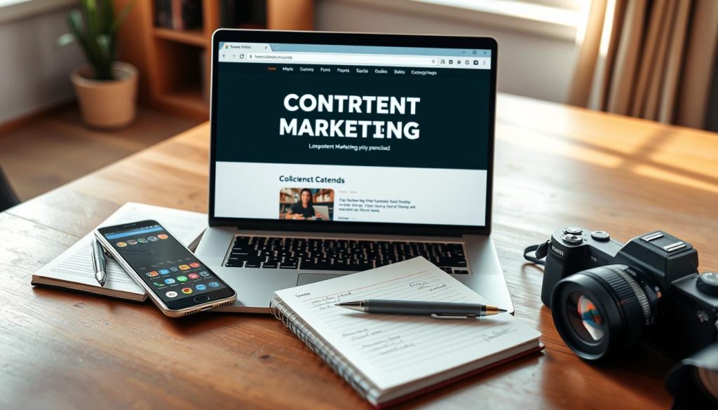 a high-resolution, photorealistic image of a collection of content marketing assets, including a laptop with a web browser open displaying a blog post, a smartphone with social media apps, a notebook with handwritten notes, a pen, and a DSLR camera, arranged on a wooden table in a well-lit, minimalist office setting, with soft, natural lighting creating a warm, productive atmosphere