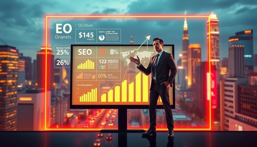 a highly detailed, hyper-realistic, 8k digital illustration of the benefits of search engine optimization (SEO) for business success. In the foreground, a glowing computer screen displays various SEO metrics and analytics, highlighting improvements in website traffic, search rankings, and lead generation. In the middle ground, a businessman stands confidently, gesturing towards the screen and surrounded by rising internet search icons, signifying increased online visibility. In the background, a vibrant cityscape with towering skyscrapers and bustling streets, symbolizing the global reach and impact of effective SEO strategies. Warm lighting, crisp shadows, and a sophisticated color palette create a professional, impactful, and visually striking scene.