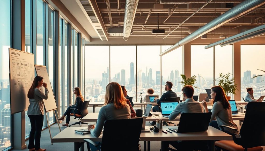 a highly detailed, photorealistic image of a modern content marketing agency office interior. The foreground features a group of young professionals working collaboratively on laptops and whiteboards, with a sleek, minimalist aesthetic. The middle ground showcases a vibrant, open-concept workspace with ergonomic furniture, natural light, and strategic informational displays. The background reveals an expansive skyline view through large windows, creating a sense of urban sophistication. The lighting is warm and balanced, highlighting the dynamic energy of the creative environment. The overall mood conveys innovation, productivity, and a passion for cutting-edge digital marketing strategies.