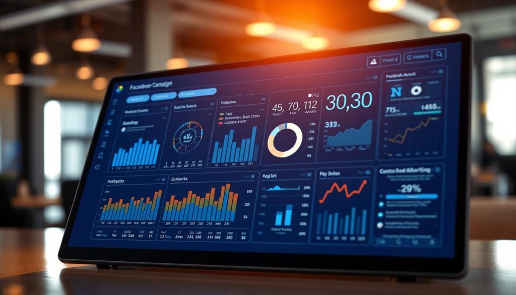 a highly detailed, photorealistic image of a successful Facebook advertising campaign, showcasing various metrics and analytics data displayed on a sleek, modern digital dashboard. The dashboard is positioned in the foreground, with a blurred background featuring an office environment or tech-centric workspace. The lighting is warm and directional, creating depth and drama. The composition emphasizes the importance of the data, with the dashboard taking up a significant portion of the frame. The overall mood is one of professionalism, efficiency, and the potential for growth and success through effective Facebook advertising strategies.