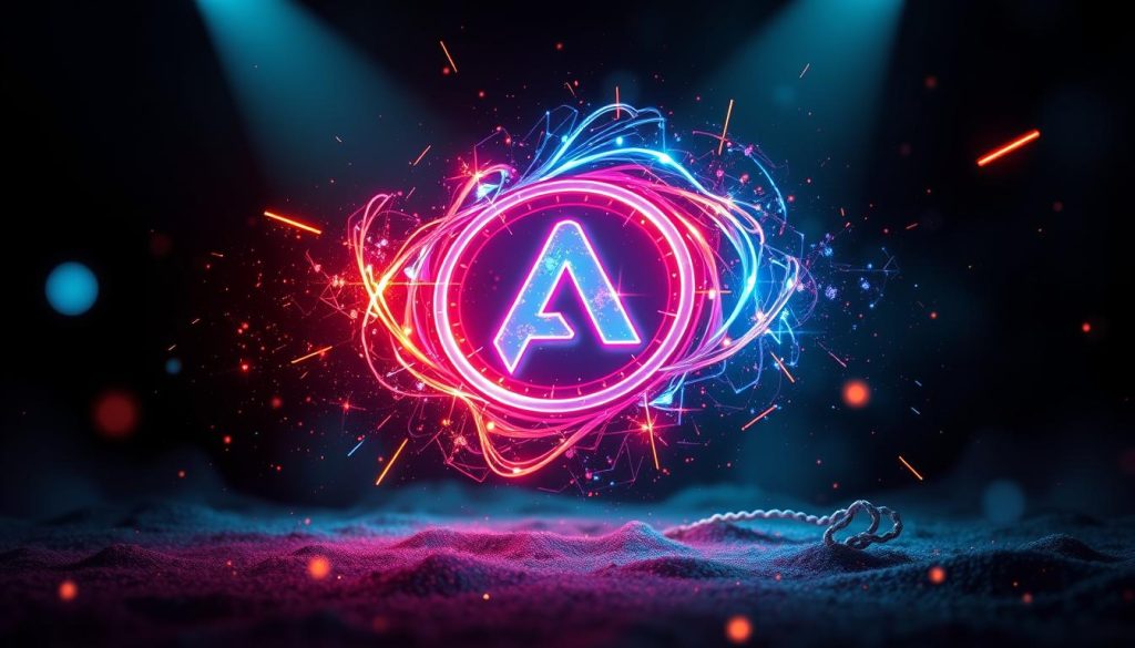 a highly detailed, photorealistic image of a vibrant, dynamic brand logo or symbol floating in mid-air, surrounded by a swirling, energetic field of neon-like light effects and abstract, dynamic shapes and patterns, all set against a dark, mysterious background with dramatic lighting and shadows, creating a powerful, captivating, and visually striking representation of brand awareness and authority