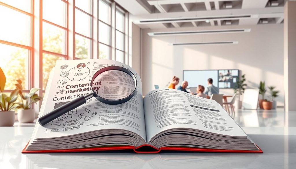 a highly detailed, realistic digital illustration of a "content marketing strategy" with a visually striking and informative composition. The foreground depicts a large, open book with pages full of ideas, concepts, and strategies related to content marketing, with a magnifying glass hovering over the pages, symbolizing the process of research and analysis. The middle ground features a group of people, representing a content marketing team, collaborating and brainstorming around a large table, surrounded by various digital devices and tools. The background showcases a modern, minimalist office setting with large windows, allowing natural light to flood the scene and create a warm, productive atmosphere. The lighting is soft and diffused, creating depth and dimensionality. The overall mood is one of focus, creativity, and strategic planning.