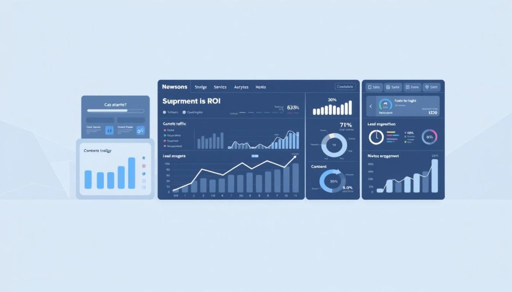 a meticulously detailed digital illustration of a data analytics dashboard, showcasing various metrics and insights related to content marketing ROI measurement. The dashboard is set against a clean, minimalist background, with a sophisticated color palette of blues, grays, and whites. The foreground features a variety of interactive graphs, charts, and infographics that display key performance indicators such as website traffic, lead generation, content engagement, and return on investment. The middle ground includes strategically placed UI elements, like slider bars and dropdown menus, allowing the user to customize and analyze the data. The background subtly incorporates geometric patterns and subtle textures, creating a sense of depth and professionalism. The overall mood is one of clarity, precision, and data-driven decision making, reflecting the importance of effectively measuring the success of content marketing efforts.