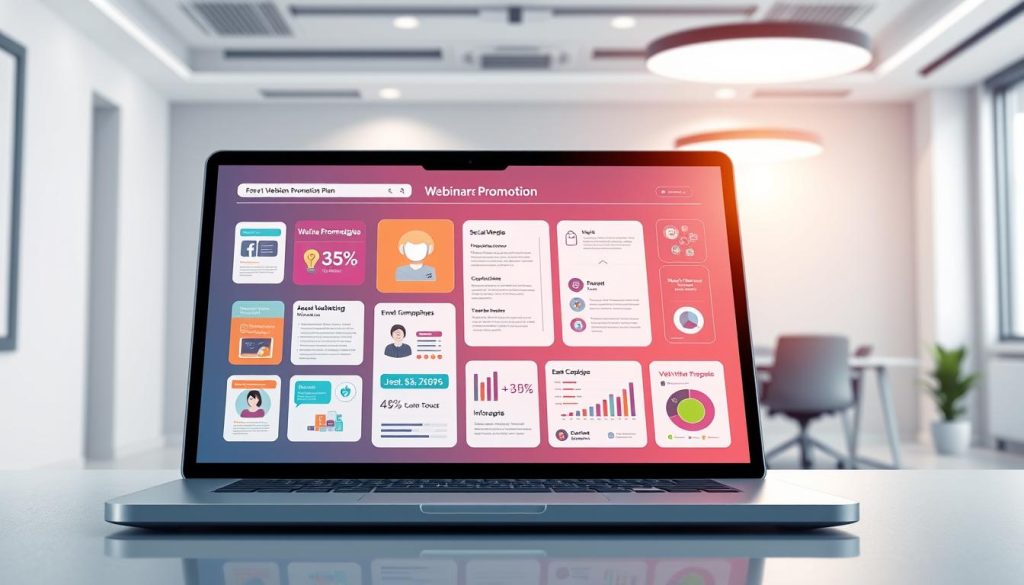 a photorealistic digital illustration of a modern webinar promotion plan, showcasing diverse marketing strategies on a sleek technological interface. The foreground features a laptop screen displaying various webinar promotion tactics such as social media ads, email campaigns, and event listings. In the middle ground, vibrant infographic elements highlight key metrics and data visualizations. The background depicts a minimalist office setting with clean lines, neutral tones, and subtle lighting, creating a professional and innovative atmosphere. The overall composition conveys a sense of efficiency, digital sophistication, and the potential for webinar success.