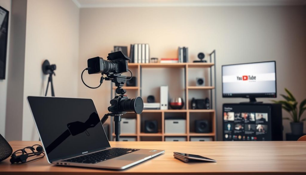 a professional and efficiently optimized YouTube channel, shot in a clean, minimalist style with a warm, inviting atmosphere. In the foreground, a sleek desktop setup with a modern laptop, high-quality camera, and professional microphone. The middle ground features a neatly organized shelf displaying pertinent equipment, books, and digital marketing resources. The background showcases a softly lit, neutral-toned wall, creating a serene and productive environment. Subtle lighting from above casts a natural glow, highlighting the channel's streamlined branding and attention to detail. The overall scene conveys a sense of organization, expertise, and a commitment to delivering high-quality content.