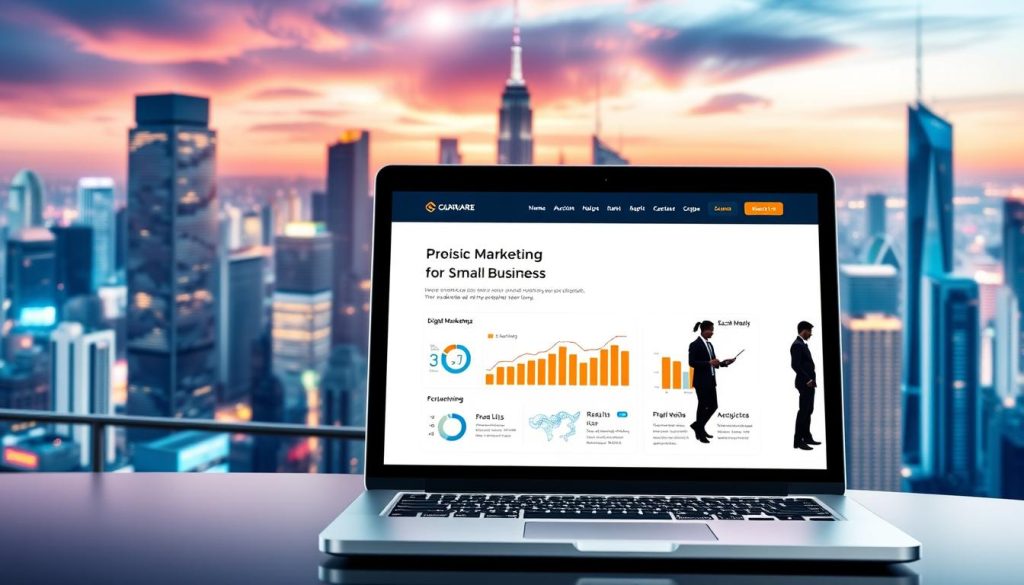 a professional digital marketing website for a small business, set against a vibrant, futuristic cityscape backdrop. The website's design features a clean, minimalist layout with sleek typography and bold primary colors. In the foreground, a laptop displays analytics dashboards and social media engagement metrics, conveying the data-driven and results-oriented nature of the digital marketing strategy. In the middle ground, a team of marketing professionals collaborates using digital tools and devices, showcasing the collaborative aspect of modern digital marketing. The background depicts a panoramic view of a bustling, tech-forward city skyline, suggesting the global reach and dynamic nature of digital marketing for small businesses.