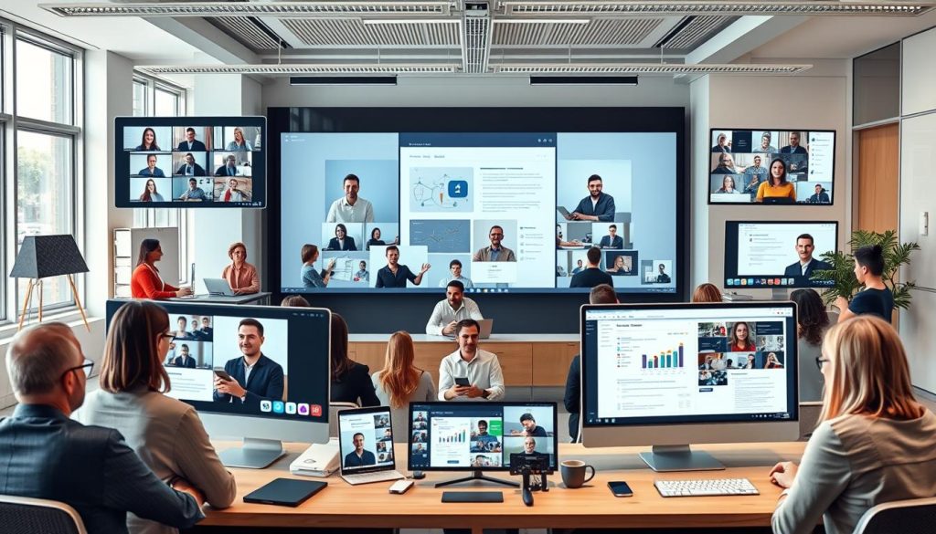 a realistic and detailed webinar format selection with dynamic and engaging elements, captured in a wide-angle shot with natural lighting and a clean, professional aesthetic. In the foreground, various webinar interface elements are prominently featured, such as video conferencing windows, presentation slides, and interactive tools. The middle ground showcases a diverse array of participants engaged in the webinar, creating a sense of lively discussion and collaboration. The background depicts a modern, minimalist office setting with neutral tones and clean lines, further enhancing the professional atmosphere. The overall composition balances form and function, reflecting the efficient and productive nature of the webinar format selection.
