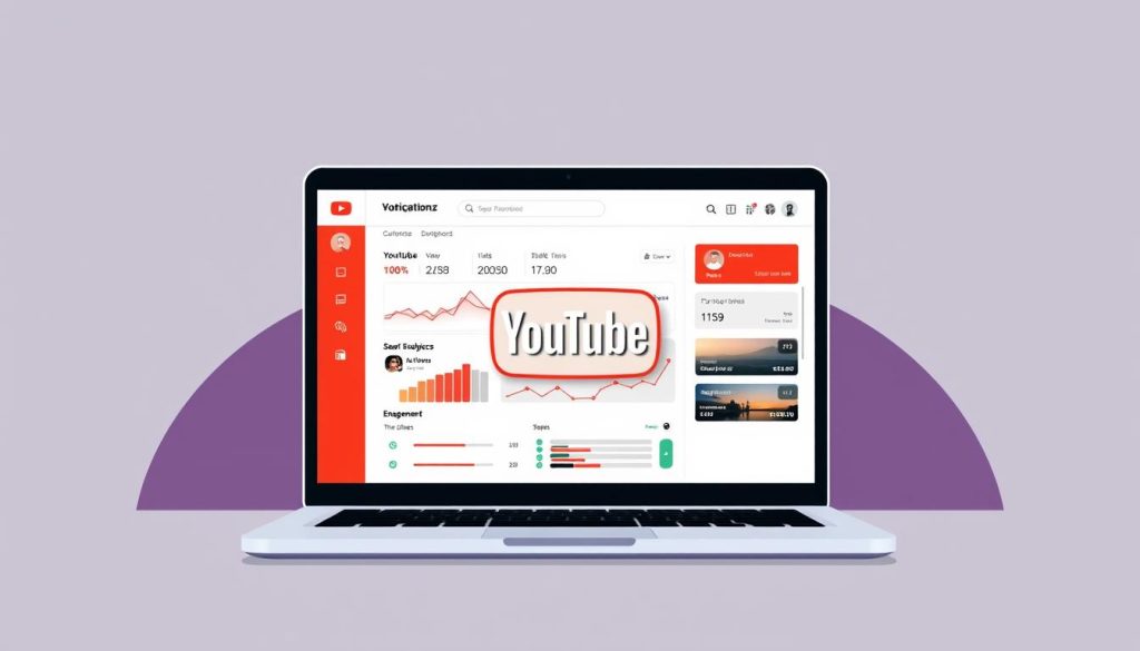 a stunning digital illustration of a youtube channel optimization dashboard, featuring a minimalist layout with clean lines and high-contrast colors. The foreground displays a laptop screen showcasing various youtube analytics, including views, subscribers, and engagement metrics. The middle ground depicts a stylized youtube logo, rendered in a sleek 3D form. The background features a subtle gradient, creating a sense of depth and visual interest. The overall composition conveys a modern, professional, and data-driven aesthetic, suitable for illustrating the "Identifying Your Target Audience" section of the article on mastering youtube marketing for small businesses.