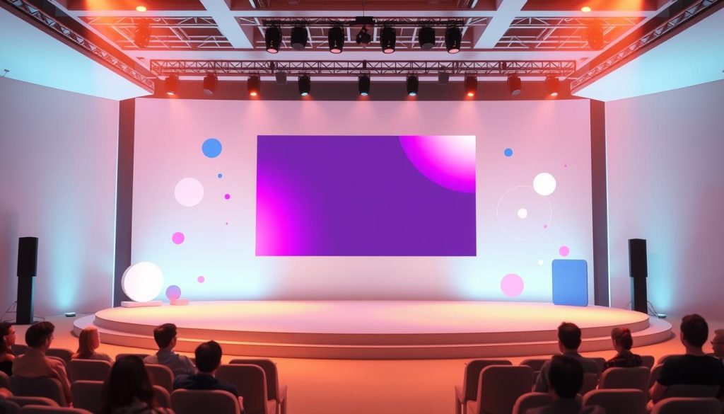 a virtual event backdrop with a modern and minimalist design, featuring a large central screen displaying a live webinar presentation, surrounded by floating geometric shapes and abstract elements in a soft, pastel color palette. The scene is illuminated by a warm, diffused lighting, creating a sleek and professional atmosphere. The camera angle is positioned slightly above eye level, providing a clear view of the virtual stage and audience. The overall composition conveys a sense of digital sophistication and engagement, suitable for illustrating the "Format and Structure of the Webinar" section of the article.