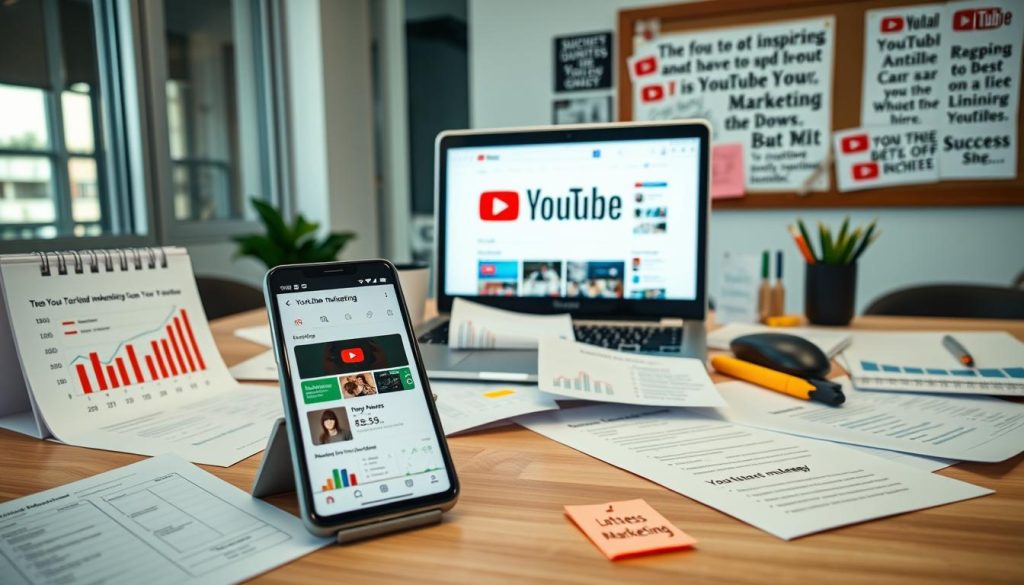 a vivid and realistic image of "youtube marketing goals" showing a well-lit desk in a modern office setting, with a laptop displaying the YouTube homepage, surrounded by various analytics charts, graphs, and marketing strategy documents. The foreground should feature a smartphone with a YouTube app open, displaying metrics and insights. The middle ground should include a calendar, highlighters, and post-it notes with marketing objectives and key performance indicators. The background should have a bulletin board with inspiring quotes and success stories related to YouTube marketing. The overall scene should convey a sense of focus, productivity, and a strategic approach to achieving YouTube marketing goals.