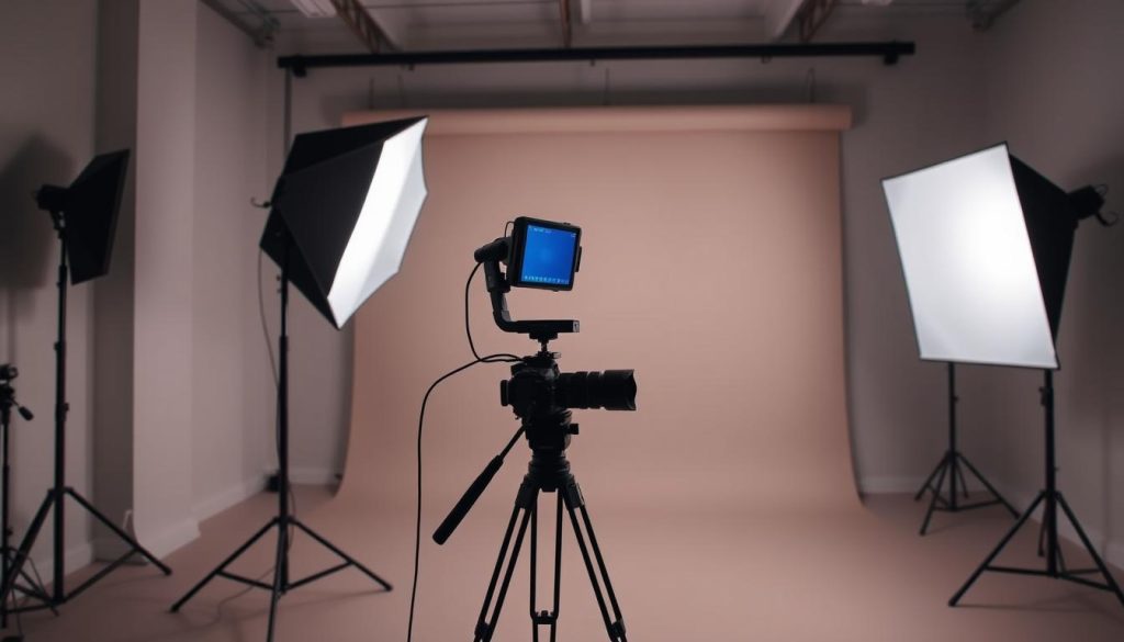 a well-lit professional video production studio with a clean and minimalist setup, featuring a large softbox lighting rig, a high-quality camera mounted on a steady tripod, and a neutral backdrop of a solid color. The scene conveys a sense of attention to detail, technical expertise, and a focus on creating high-quality video content. The overall mood is one of professionalism, efficiency, and a commitment to delivering the best possible video quality.