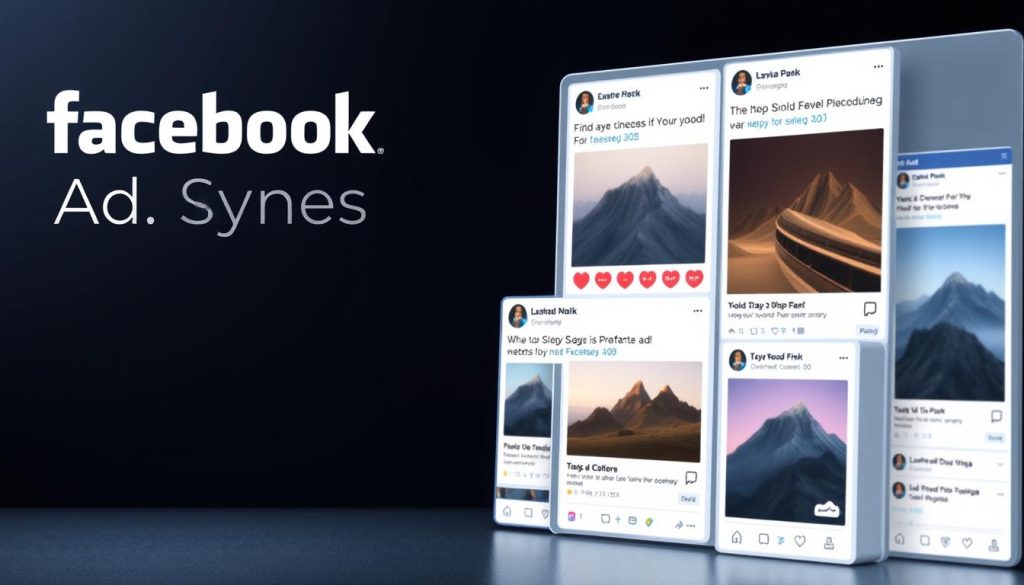 high-quality detailed digital illustration of various Facebook ad types, including carousel ads, video ads, and image ads, displayed on a sleek dark backdrop with minimalist style, cinematic lighting and sharp focus, evocative of the professional nature of the topic, no text or captions