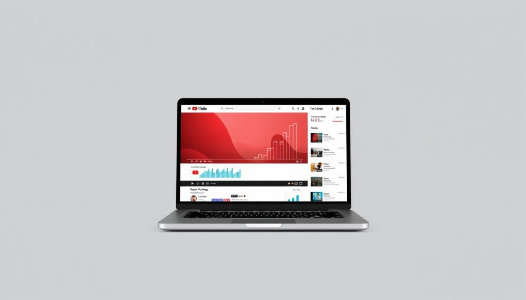 high-quality professional YouTube SEO thumbnail example, 4k resolution, with a clean, minimalist design, featuring a laptop screen displaying a video player interface and various YouTube analytics metrics, against a plain gray background, with soft, even lighting, and a crisp, focused look, conveying a sense of digital productivity and optimization, no text or graphics, just the essential visual elements